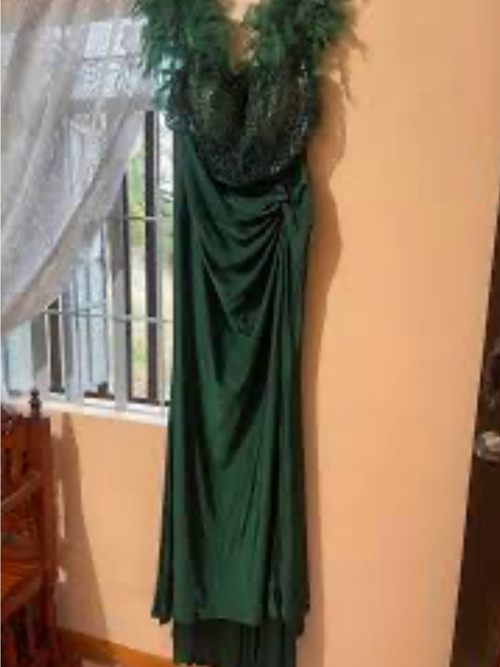 Fashion Nova Emerald Green One-Shoulder Feather-Trim Gown